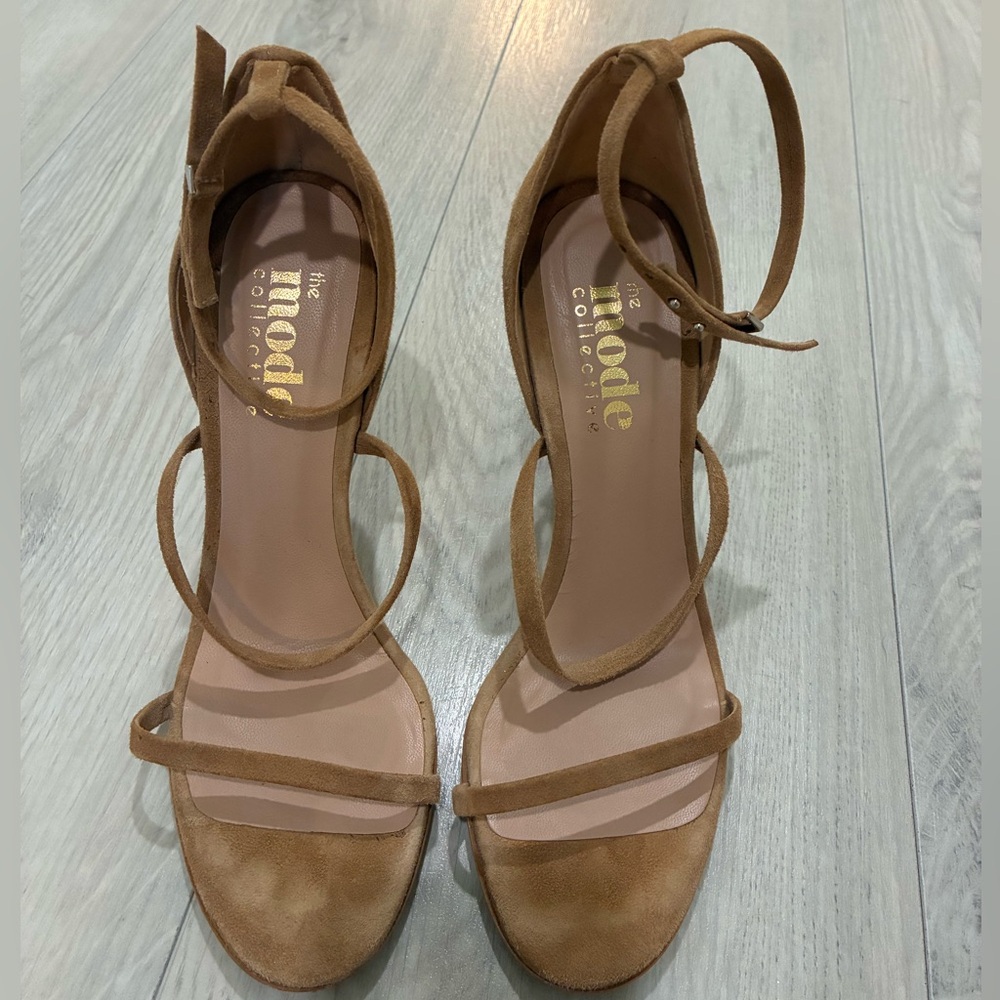 The Mode Collective triple strap sandal in brown suede